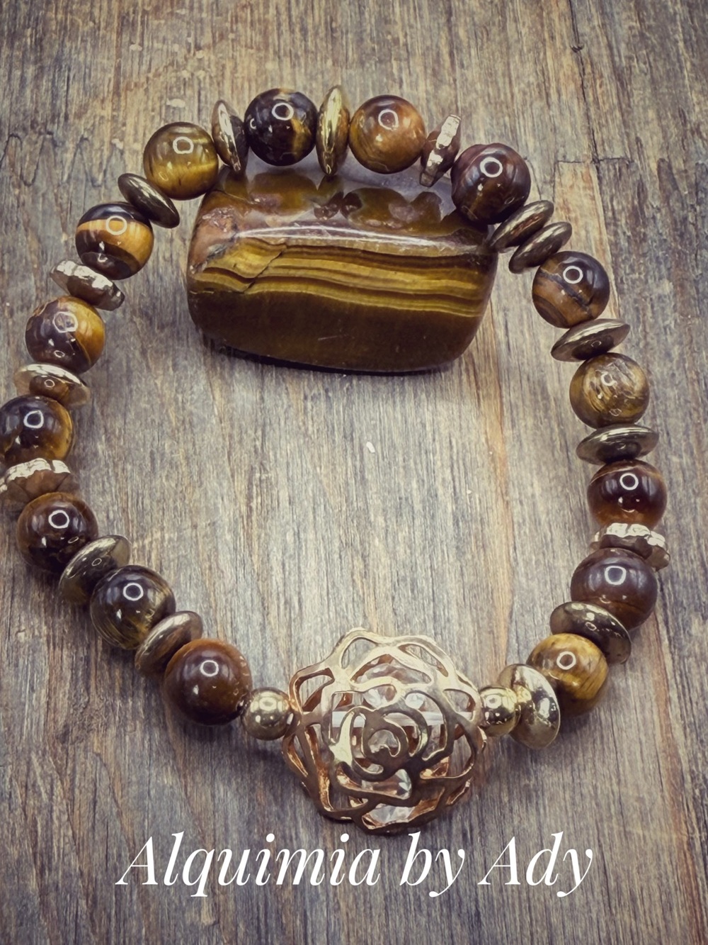 Brown and Gold Tiger Eye Bracelet with Rose Medallion